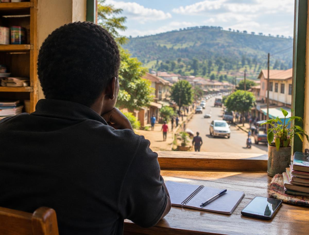 Illustrative founder's desk overlooking a Murang'a town street