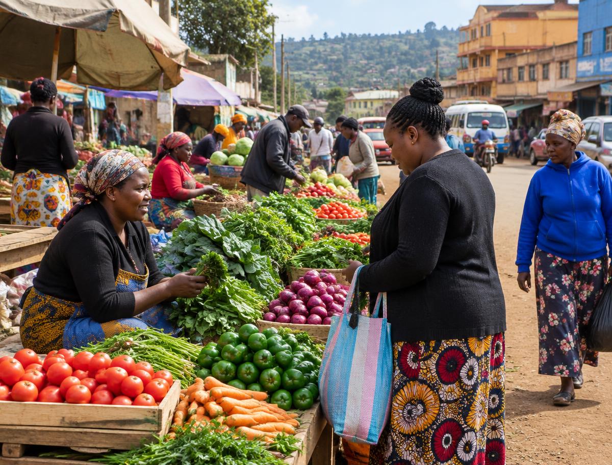 Illustrative scene of shoppers and produce traders in a Murang'a town market